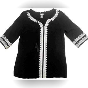 Tunic Black White Long Neiman Marcus Cover Up Embroidered Tassel Medium